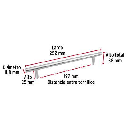 Jaladera de acero 192 mm, estilo 'Cilindro', níquel satinado JAL-0314 43871 MM00