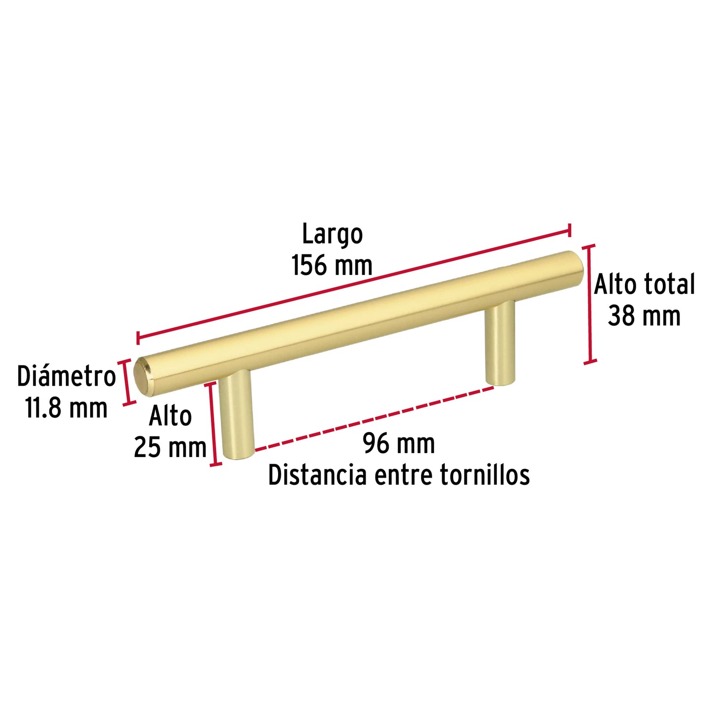 Jaladera de acero, 96 mm estilo 'Cilindro', latón brillante JAL-0321 43830 MM00