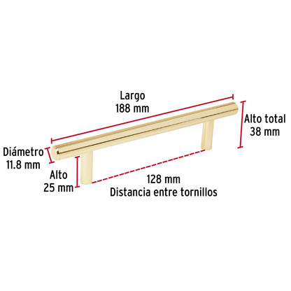 Jaladera de acero, 128 mm estilo 'Cilindro', latón brillante JAL-0322 43829 MM00