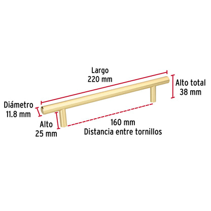 Jaladera de acero 160 mm, estilo 'Cilindro', latón brillante JAL-0323 43872 MM00