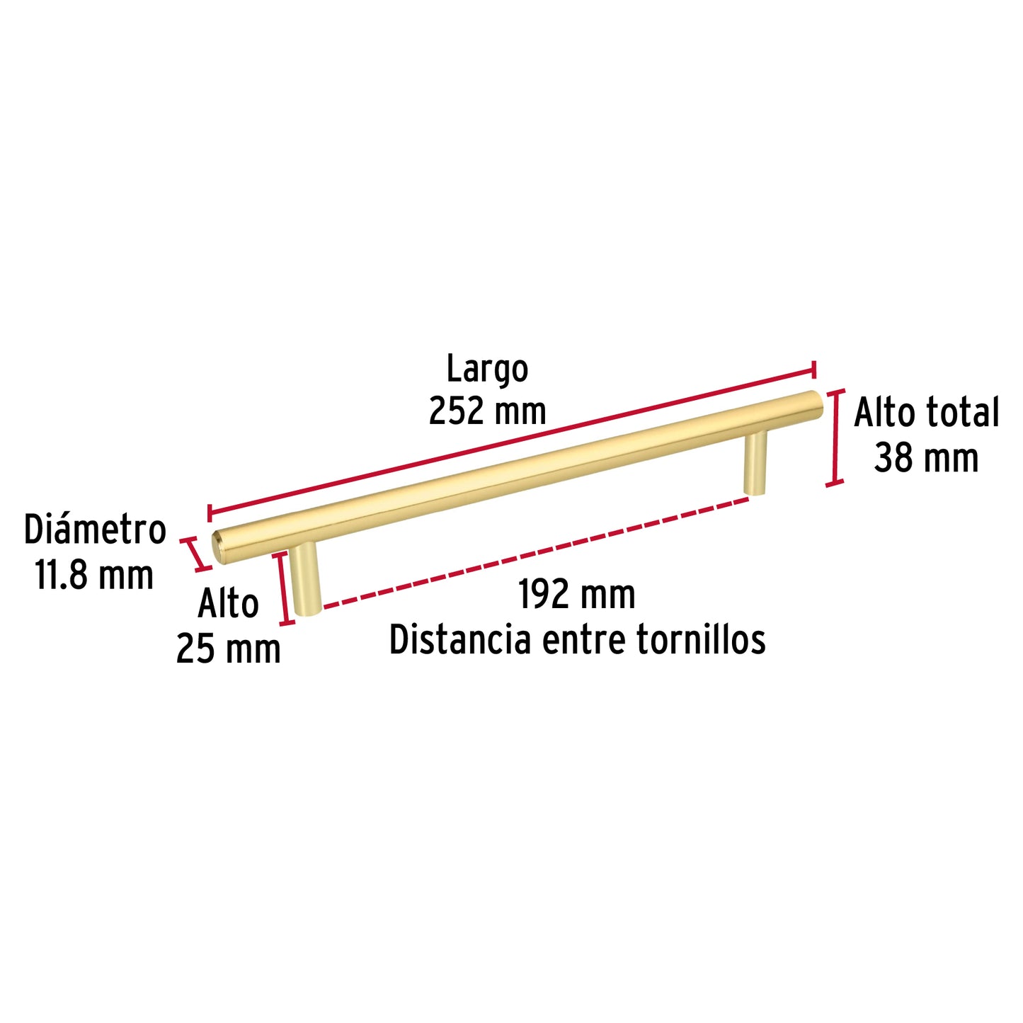 Jaladera de acero 192 mm, estilo 'Cilindro', latón brillante JAL-0324 43873 MM00