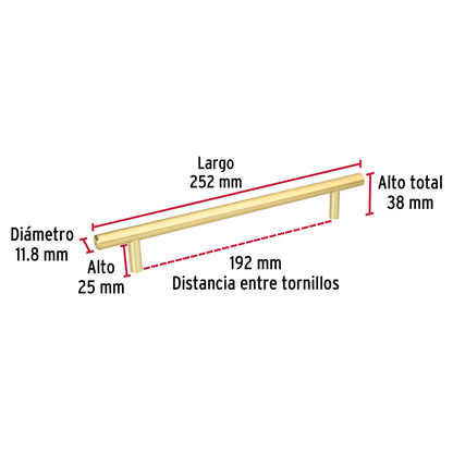 Jaladera de acero 192 mm, estilo 'Cilindro', latón brillante JAL-0324 43873 MM00