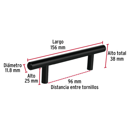 Jaladera de acero 96 mm, estilo 'Cilindro', negro, Hermex JAL-0361 49731 MM00