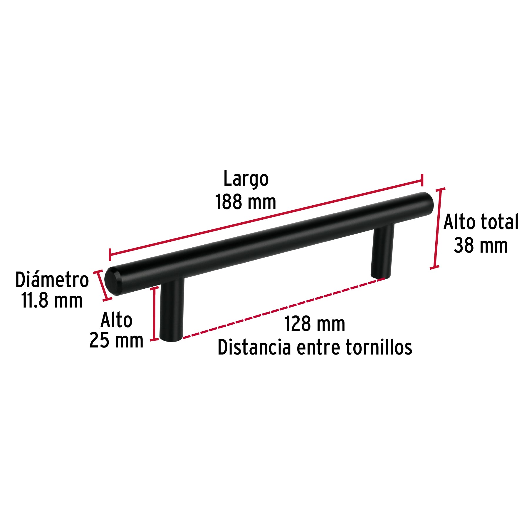 Jaladera de acero 128 mm, estilo 'Cilindro', negro, Hermex JAL-0362 49732 MM00