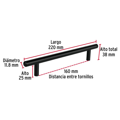 Jaladera de acero 160 mm, estilo 'Cilindro', negro, Hermex JAL-0363 49733 MM00