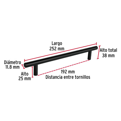 Jaladera de acero 192 mm, estilo 'Cilindro', negro, Hermex JAL-0364 49734 MM00