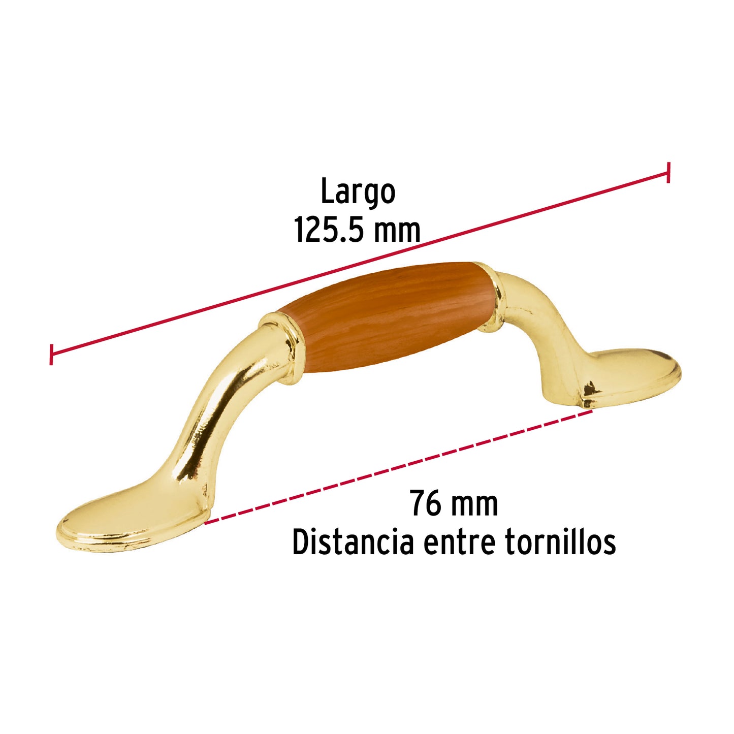 Jaladera metálica, 76mm latón brillante, inserto tipo madera JAL-0621 43832 MM00