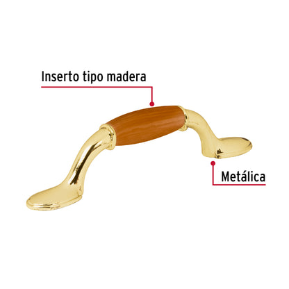 Jaladera metálica, 76mm latón brillante, inserto tipo madera JAL-0621 43832 MM00