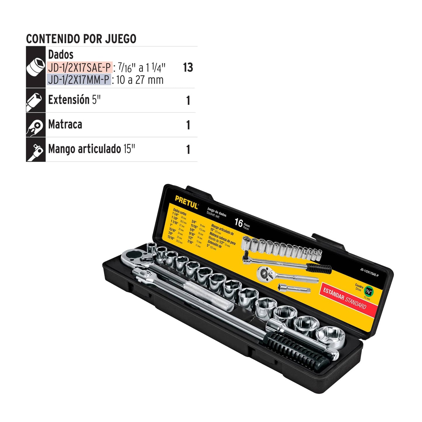 Juego de 16 herramientas 1/2' std para mecánico, Pretul JD-1/2X17SAE-P 21172 MM1