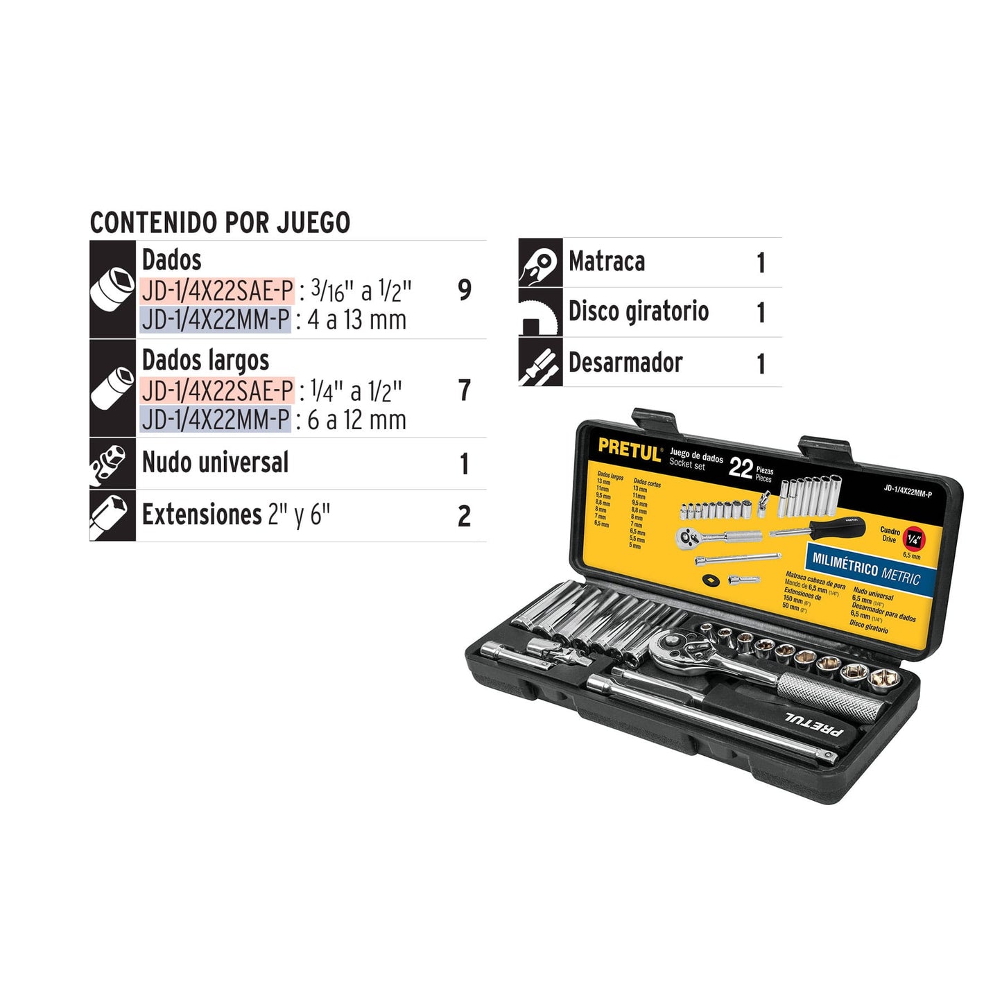 Juego de 22 herramientas 1/4' mm para mecánico, Pretul JD-1/4X22MM-P 23980 MM1