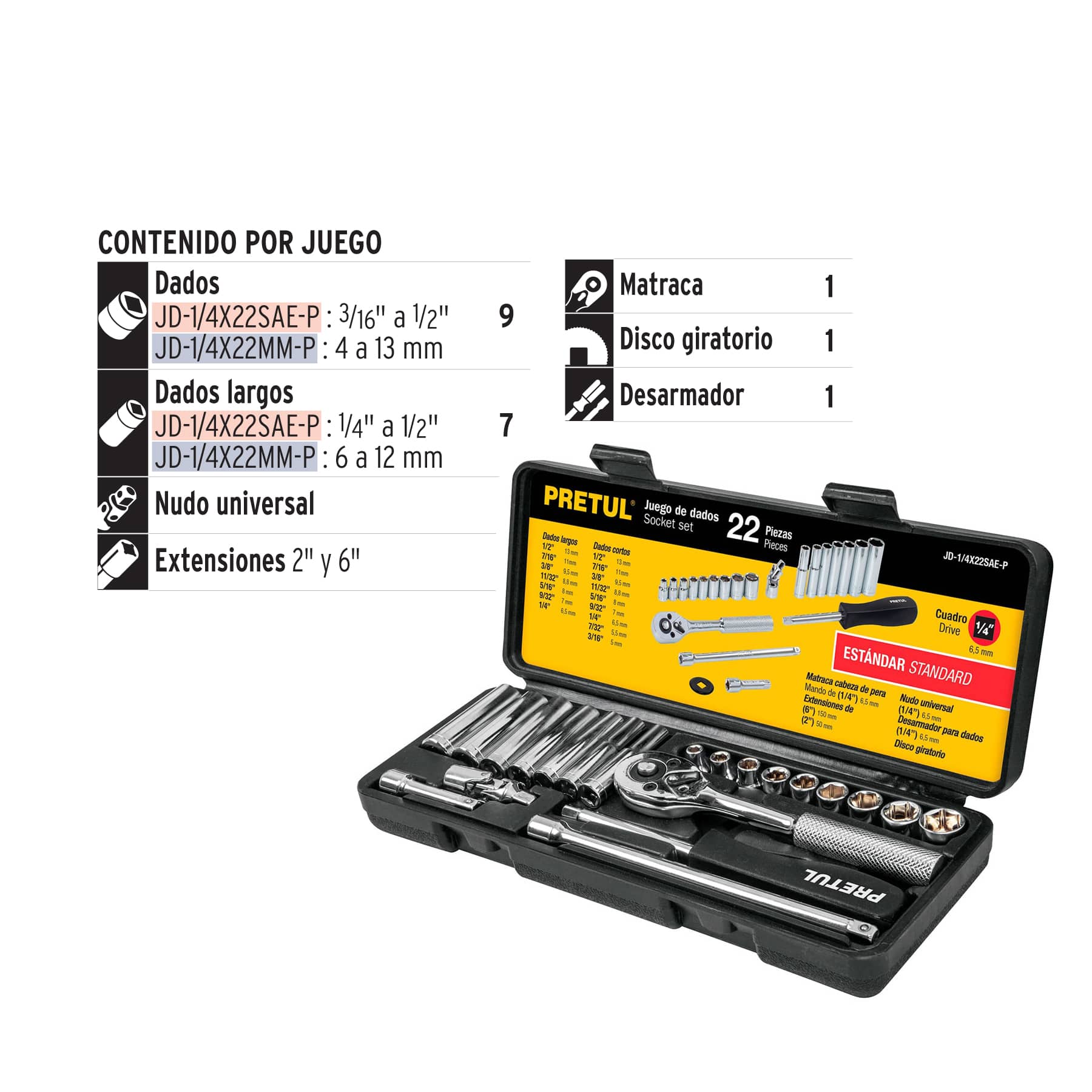 Juego de 22 herramientas 1/4' std para mecánico, Pretul JD-1/4X22SAE-P 23981 MM1