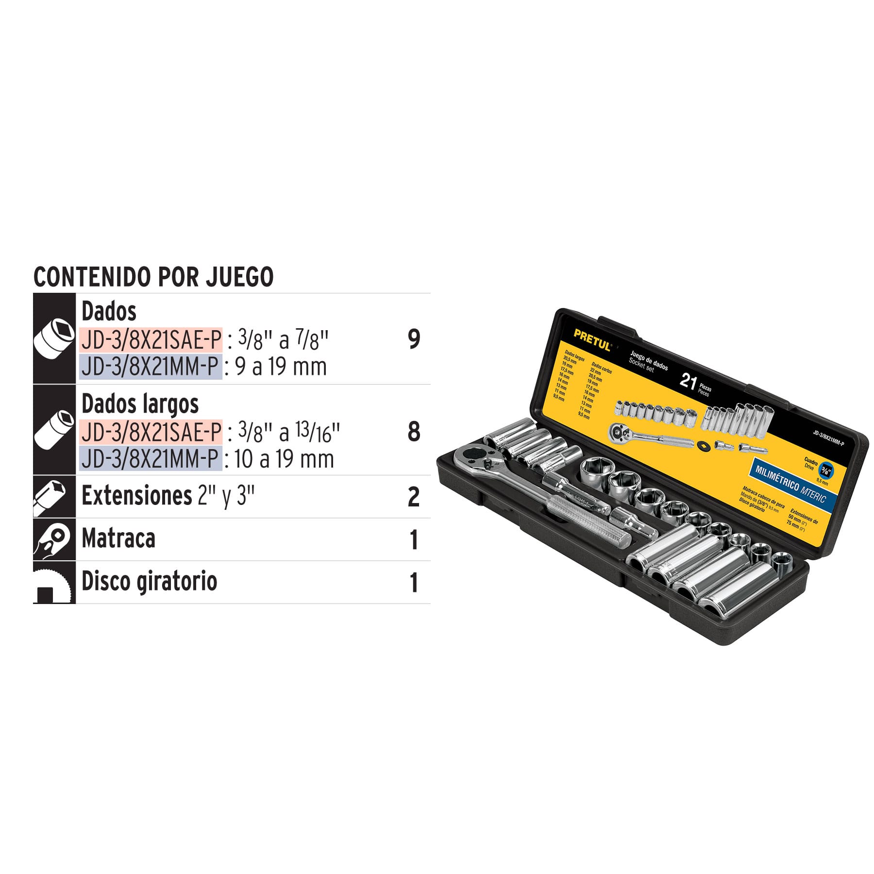 Juego de 21 herramientas 3/8' mm para mecánico, Pretul JD-3/8X21MM-P 21191 MM1