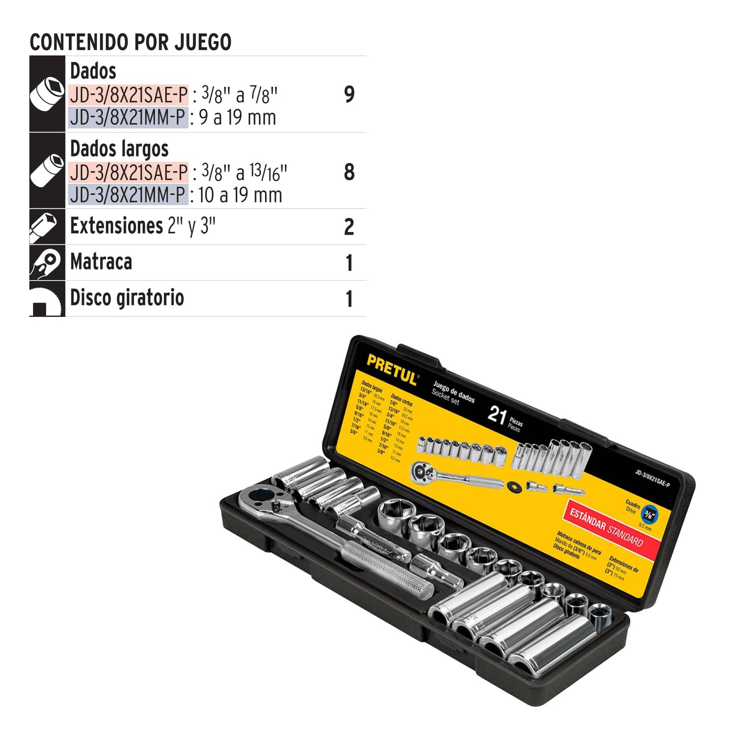 Juego de 21 herramientas 3/8' std para mecánico, Pretul JD-3/8X21SAE-P 21187 MM1