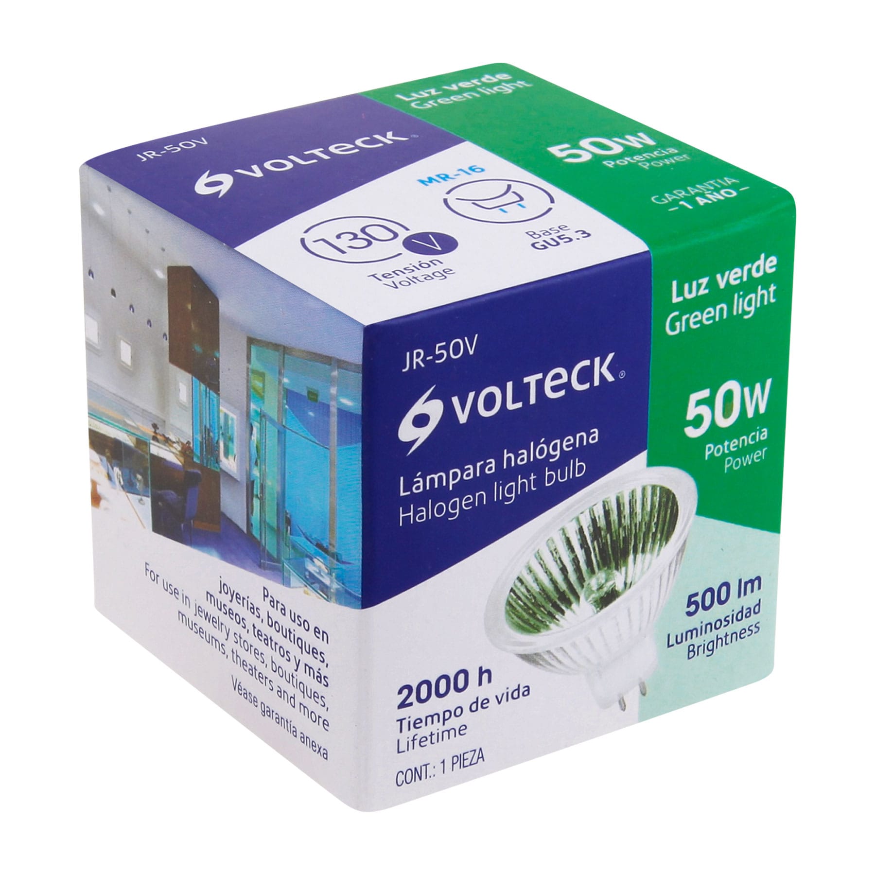 Lámpara de halógeno verde 50 W tipo MR16 en caja, Volteck JR-50V 47257 MM00