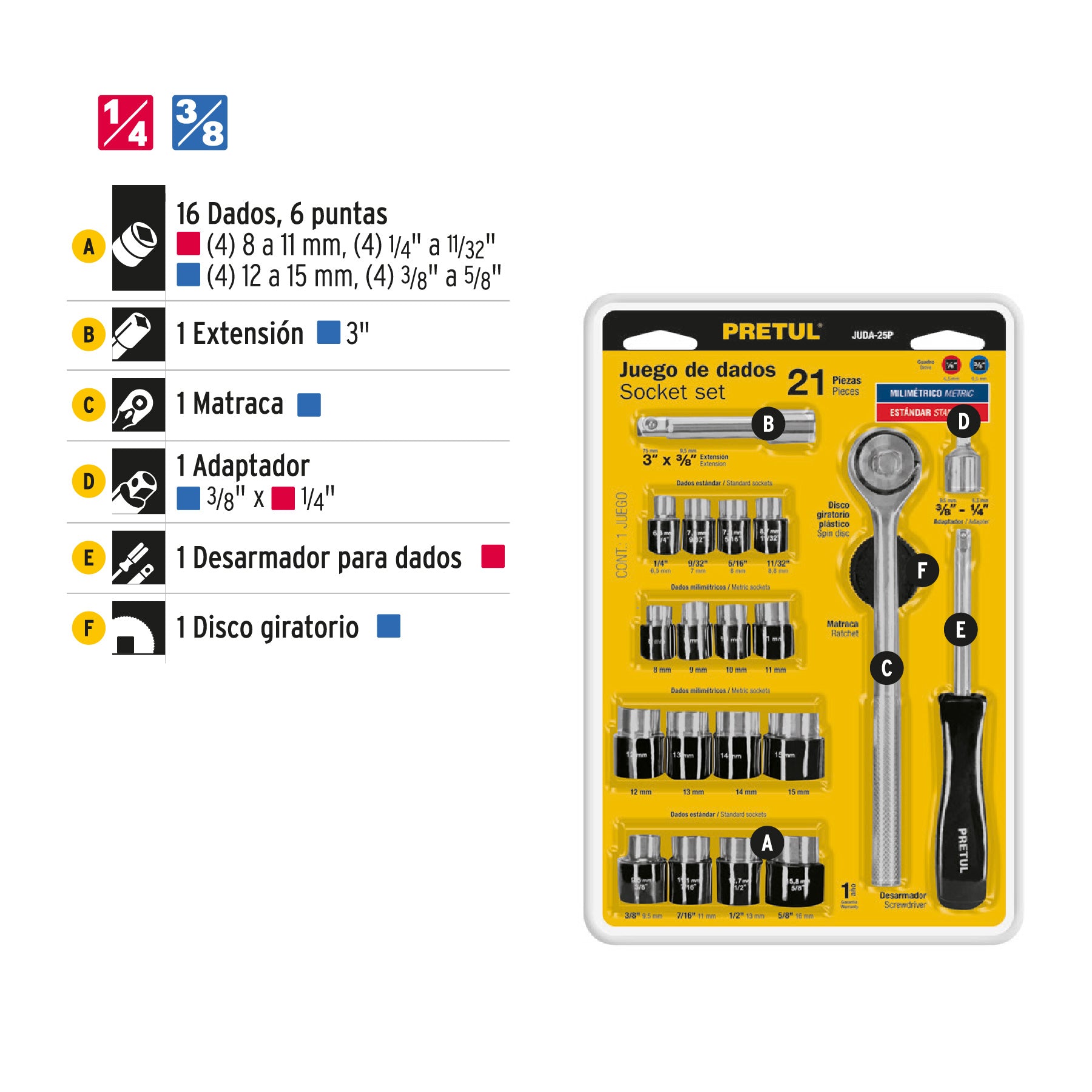 Juego de 21 herramientas 1/4' y 3/8' para mecánico, Pretul JUDA-25P 21162 MM1