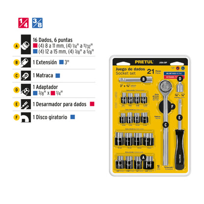 Juego de 21 herramientas 1/4' y 3/8' para mecánico, Pretul JUDA-25P 21162 MM1