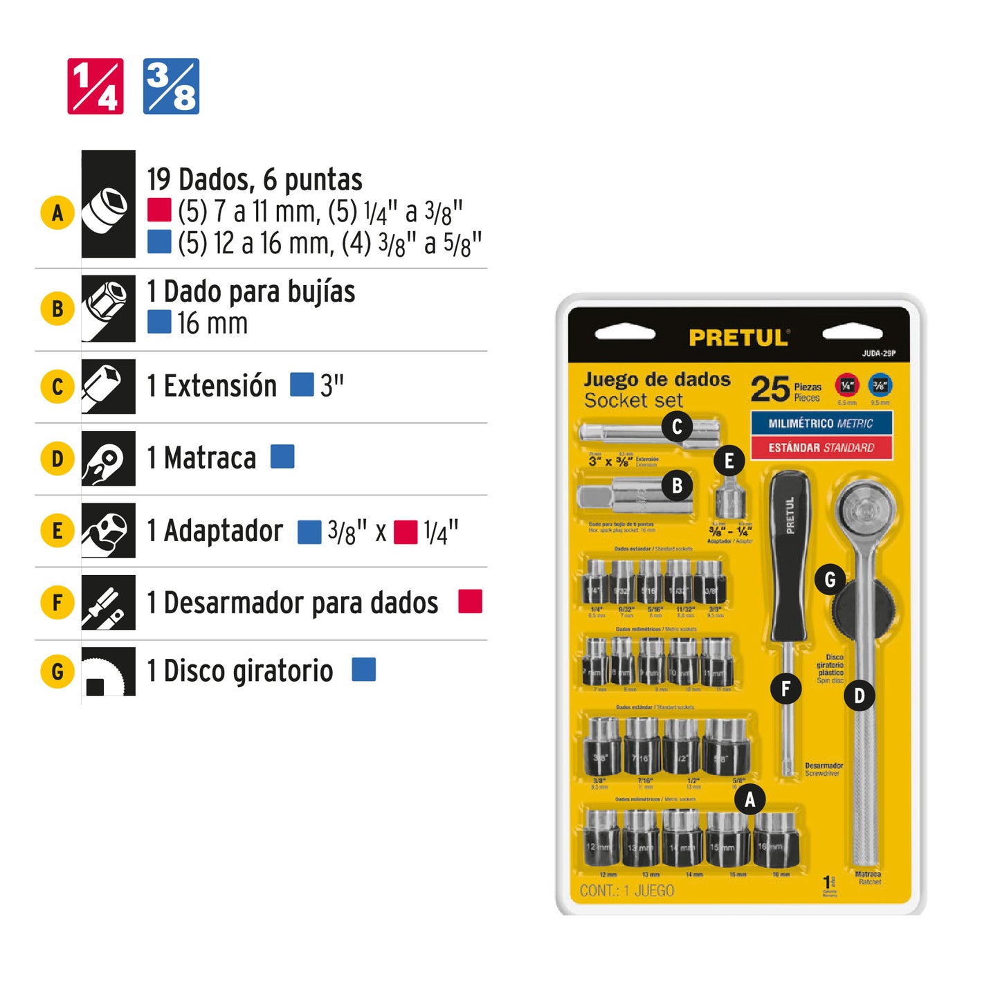 Juego de 25 herramientas 1/4' y 3/8' para mecánico, Pretul JUDA-29P 23974 MM1