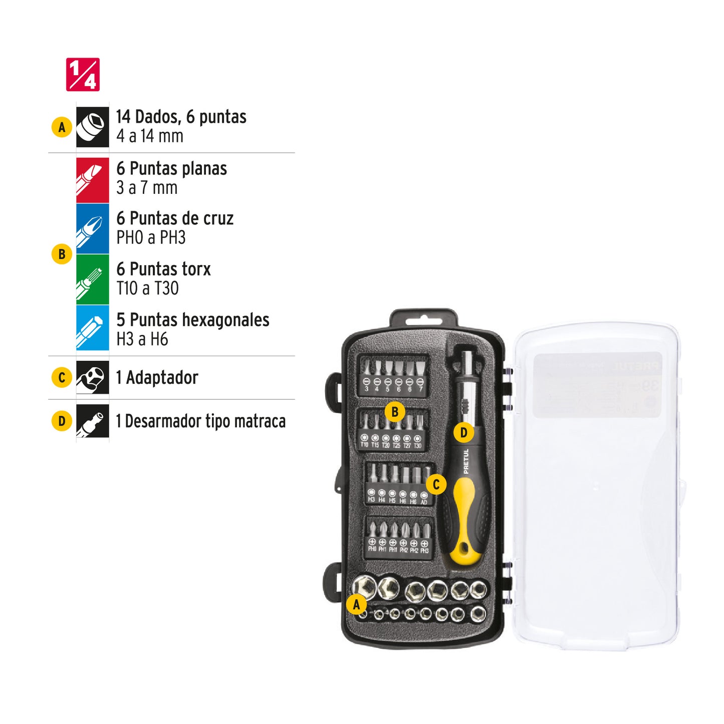 Juego de 39 herramientas 1/4' para mecánico, Pretul JUDA-39P 23971 MM1