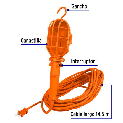 Lámpara de taller con canastilla plástica, 14.5 m, Volteck LAT-15P 47260 MM00