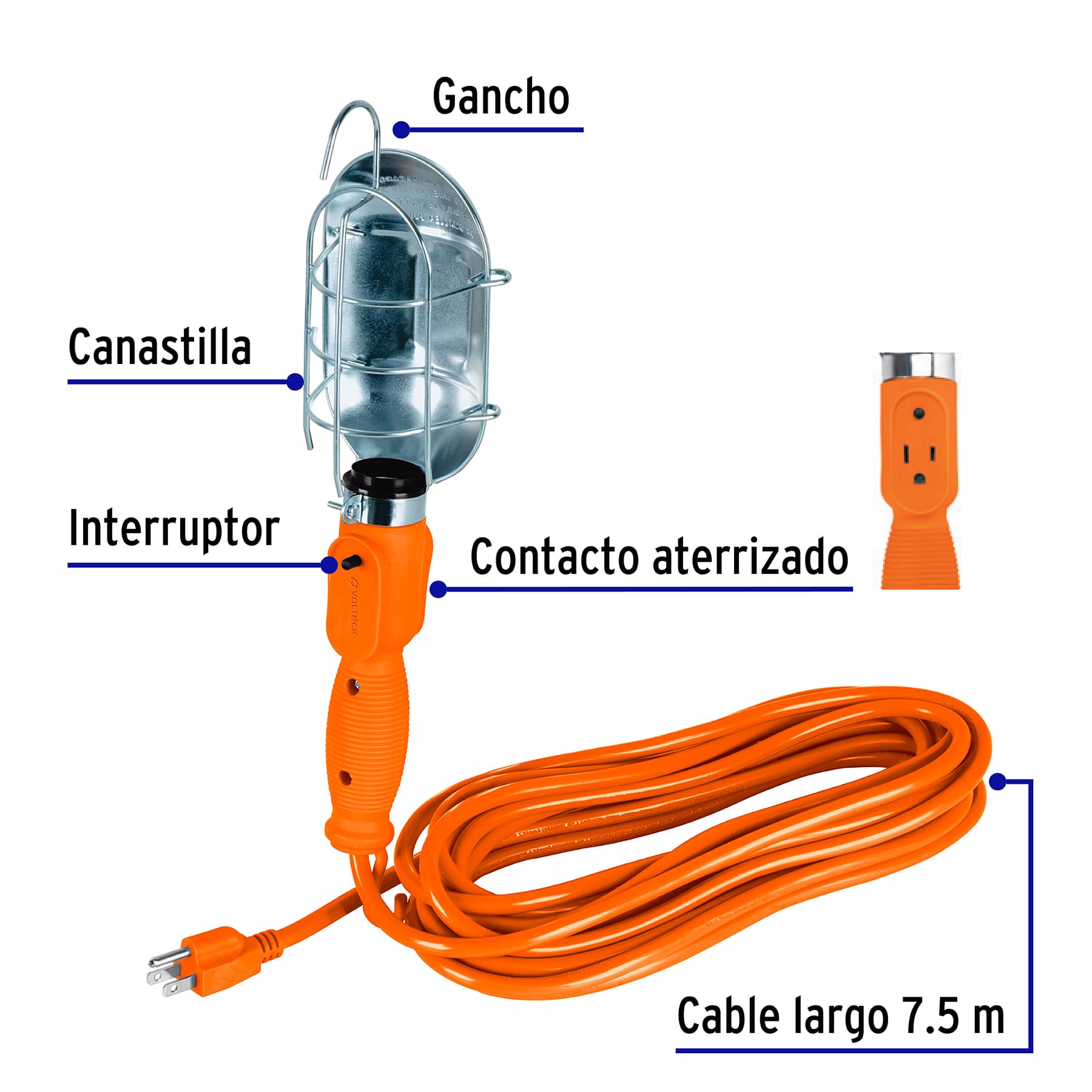 Lámpara de taller con canastilla metálica 7.5 m, Volteck LAT-8M 47259 MM00