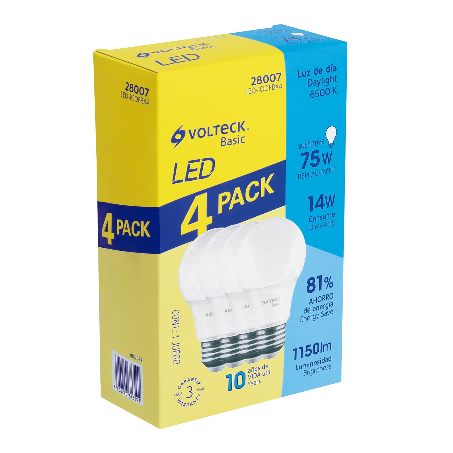 Pack de 4 lámparas LED A19 14 W (equiv. 75 W), luz de día LED-100FBX4 28007 MM1