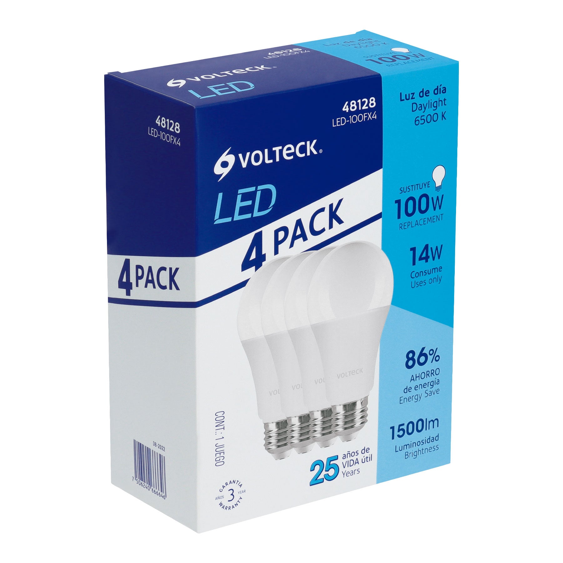 Pack de 4 lámparas LED A19 14 W (equiv. 100 W), luz de día LED-100FX4 48128 MM1