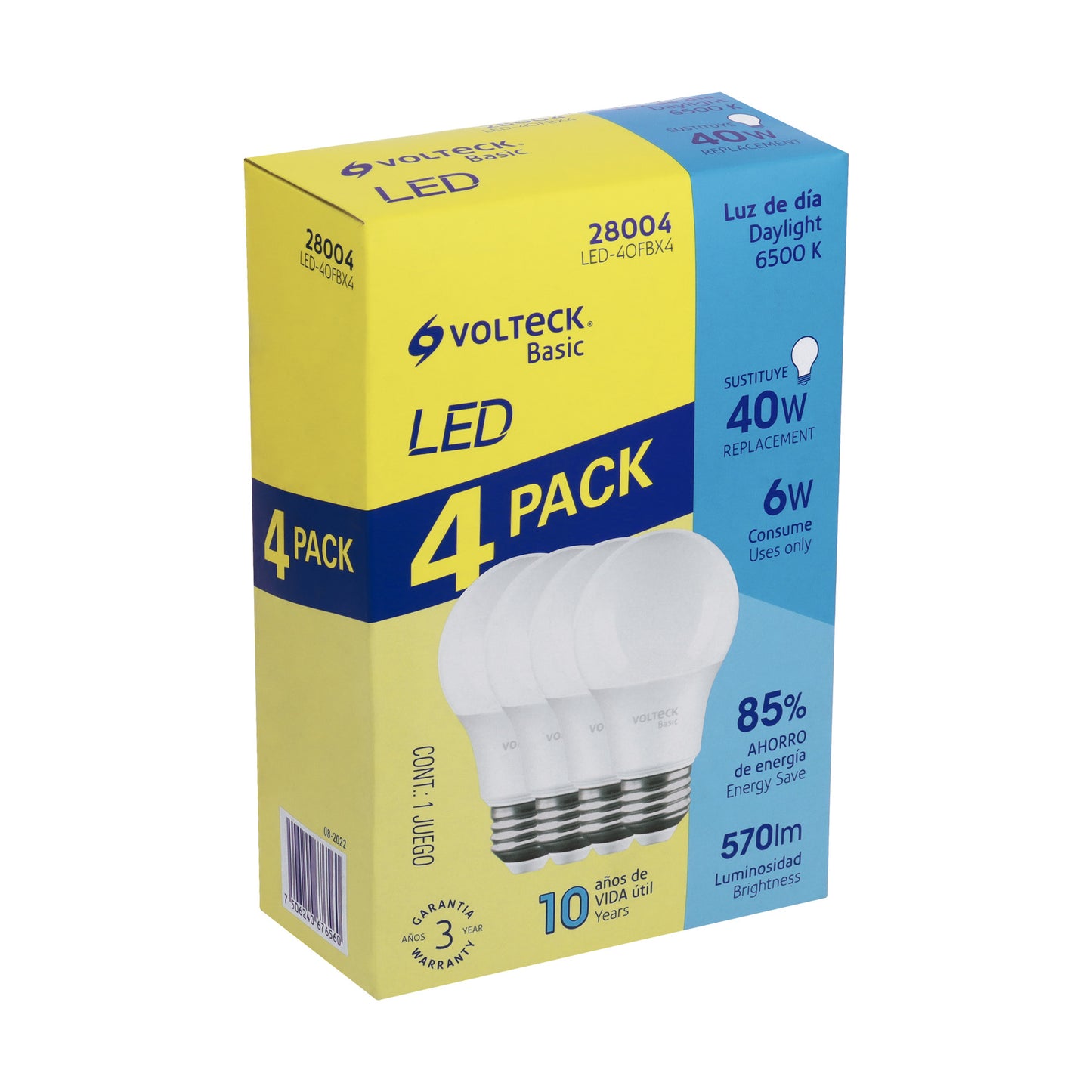 Pack de 4 lámparas LED A19 6 W (equiv. 40 W), luz de día LED-40FBX4 28004 MM1