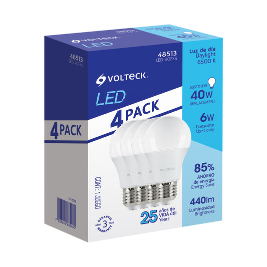 Pack de 4 lámparas LED A19 6 W (equiv. 40 W), luz de día LED-40FX4 48513 MM1