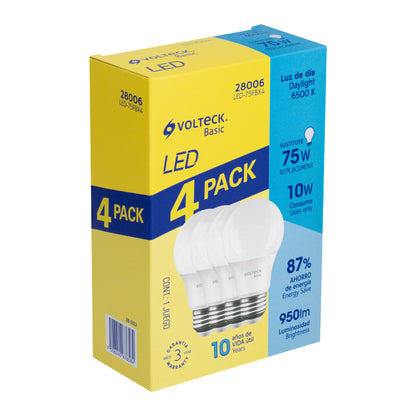 Pack de 4 lámparas LED A19 10 W (equiv. 75 W), luz de día LED-75FBX4 28006 MM1