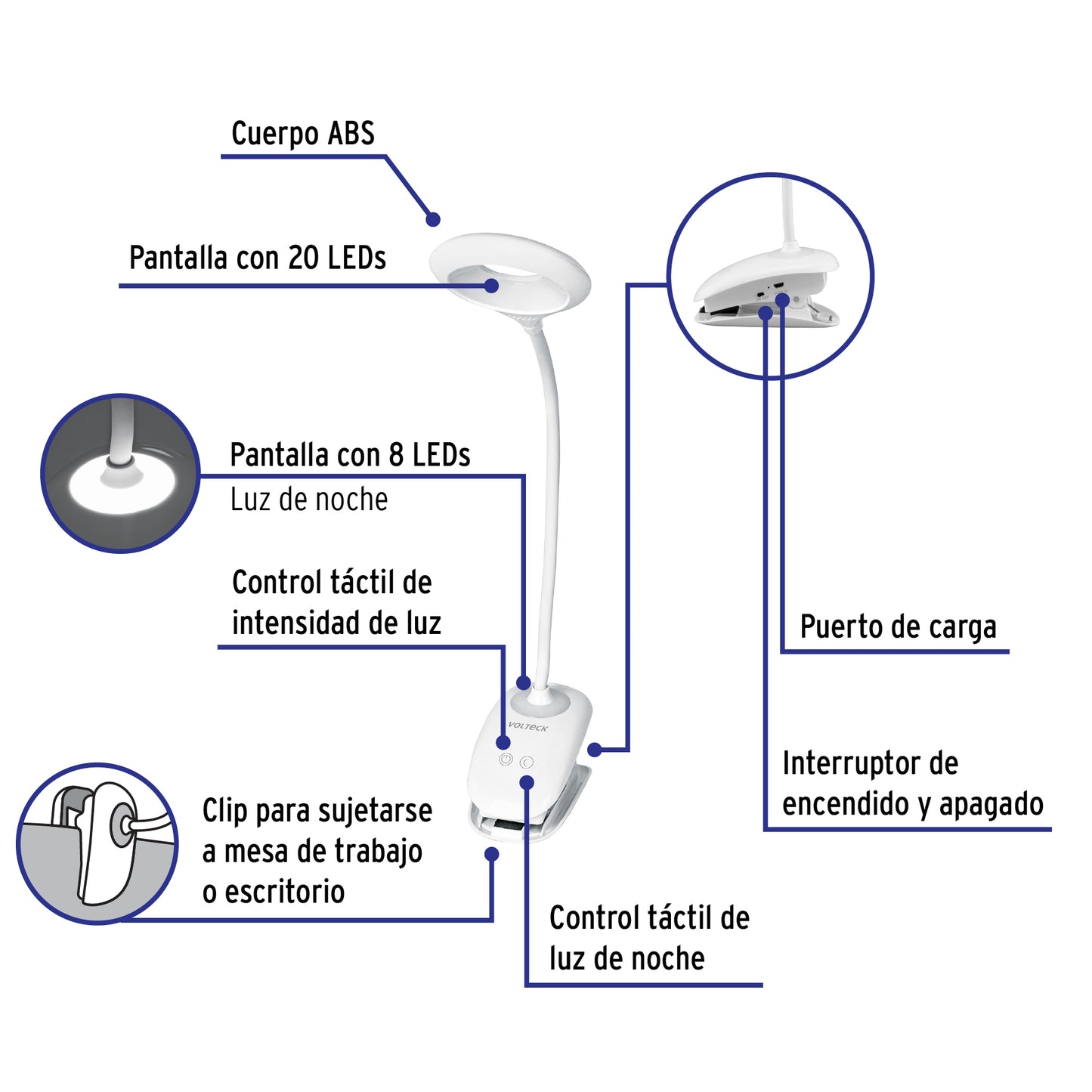 Lámpara escritorio LED 4 W recargable c/clip, 3 intensidades LES-40L 49201 MM00