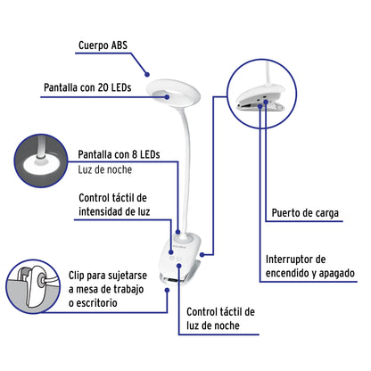 Lámpara escritorio LED 4 W recargable c/clip, 3 intensidades LES-40L 49201 MM00