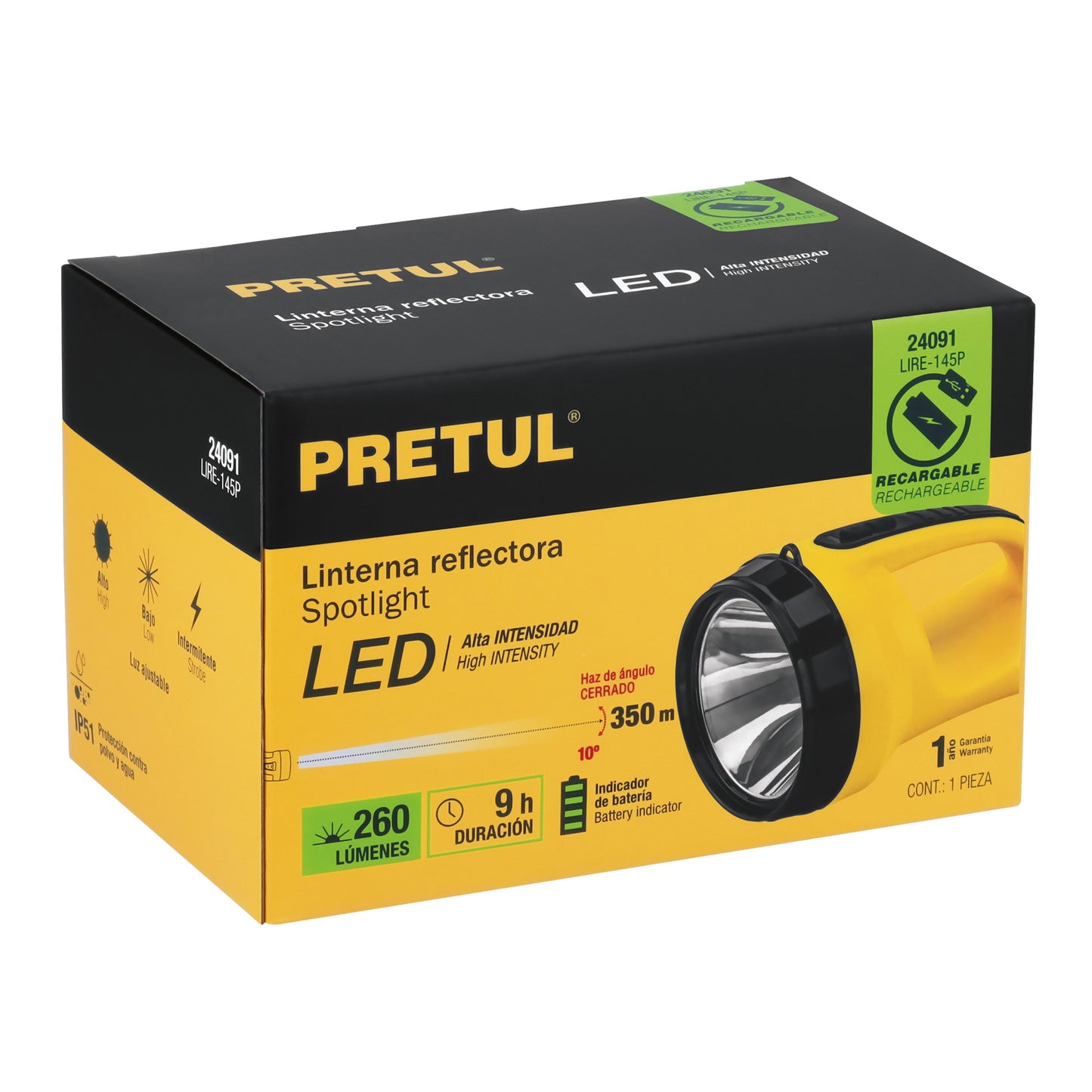 Linterna reflectora 5 LEDs 200 lm recargable, Pretul LIRE-145P 24091 MM1