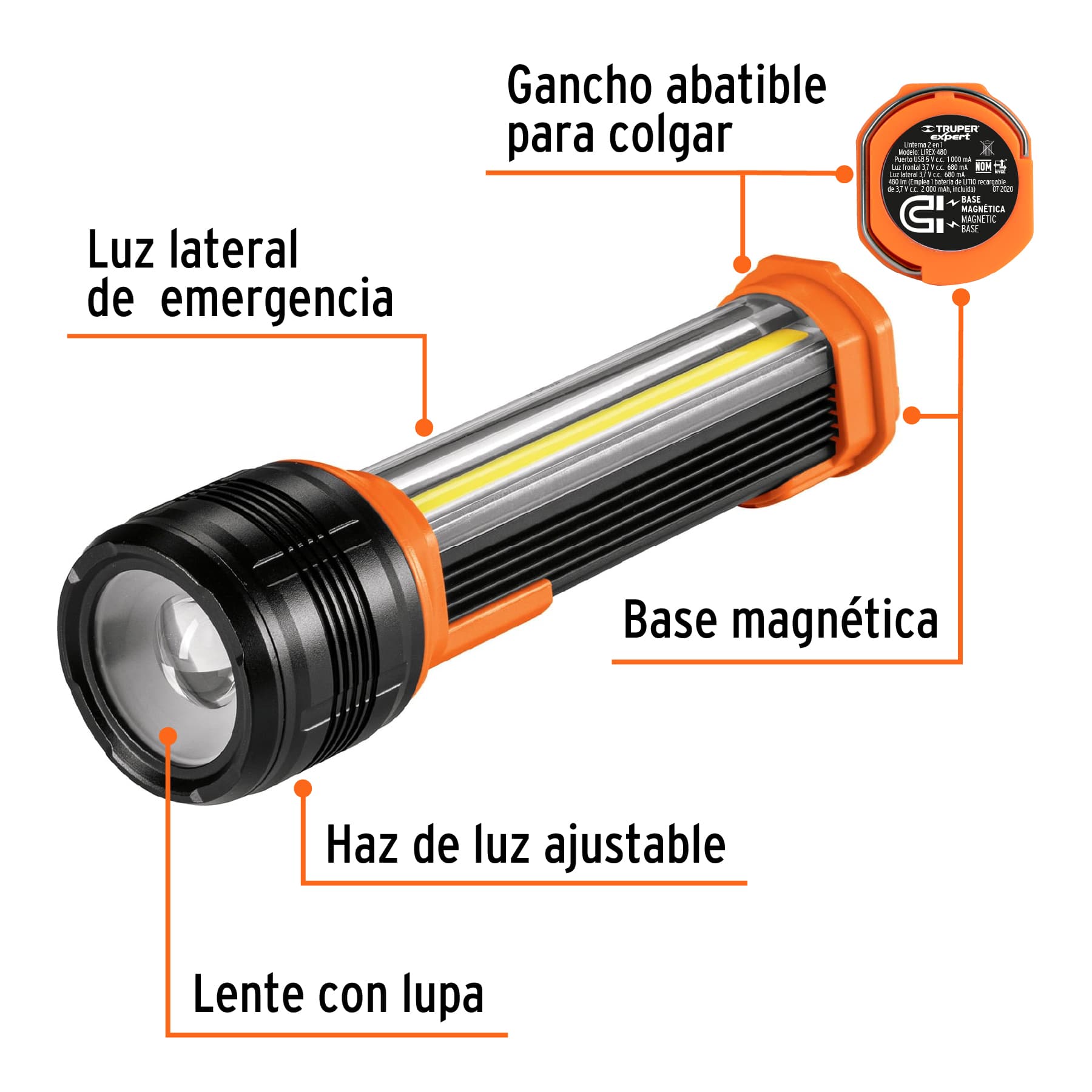 Linterna recargable con luz emergencia, 480lm, Truper Expert LIREX-480 13415 MM0