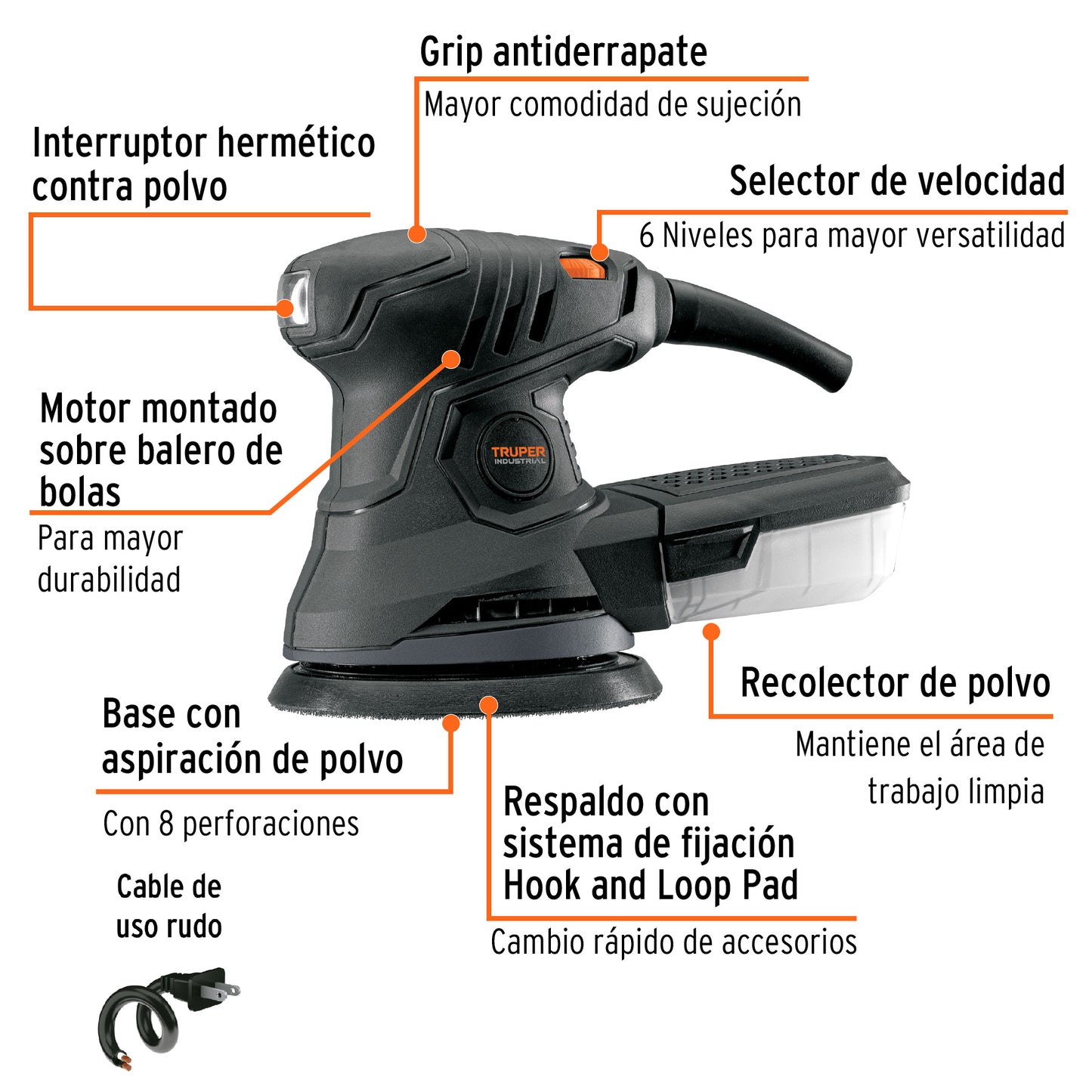 Lijadora roto orbital 5' 260 W, industrial, Truper LIRO-5N 15399 MM0