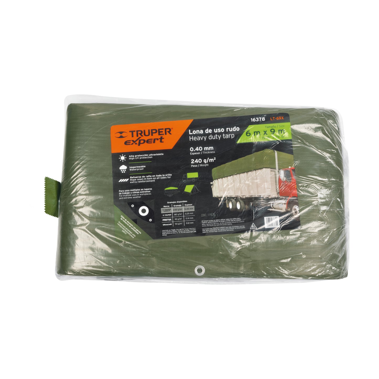 Lona uso rudo, verde olivo, 6 X 9 m, Truper Expert LT-69X 16378 MM0