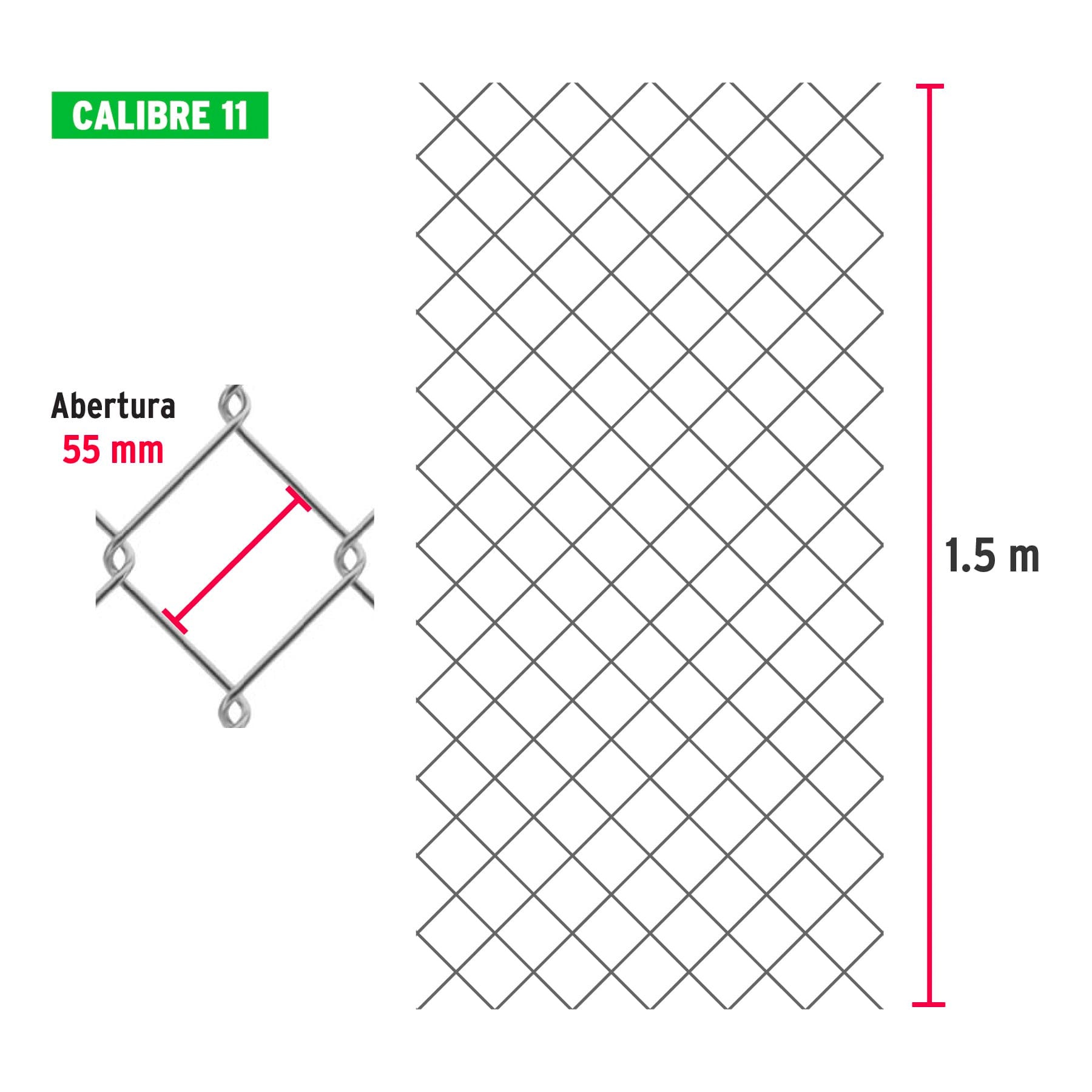 Rollo 20 m x 1.5 m malla ciclónica calibre 11 abertura 55 mm MACI-1552 42934 MM0