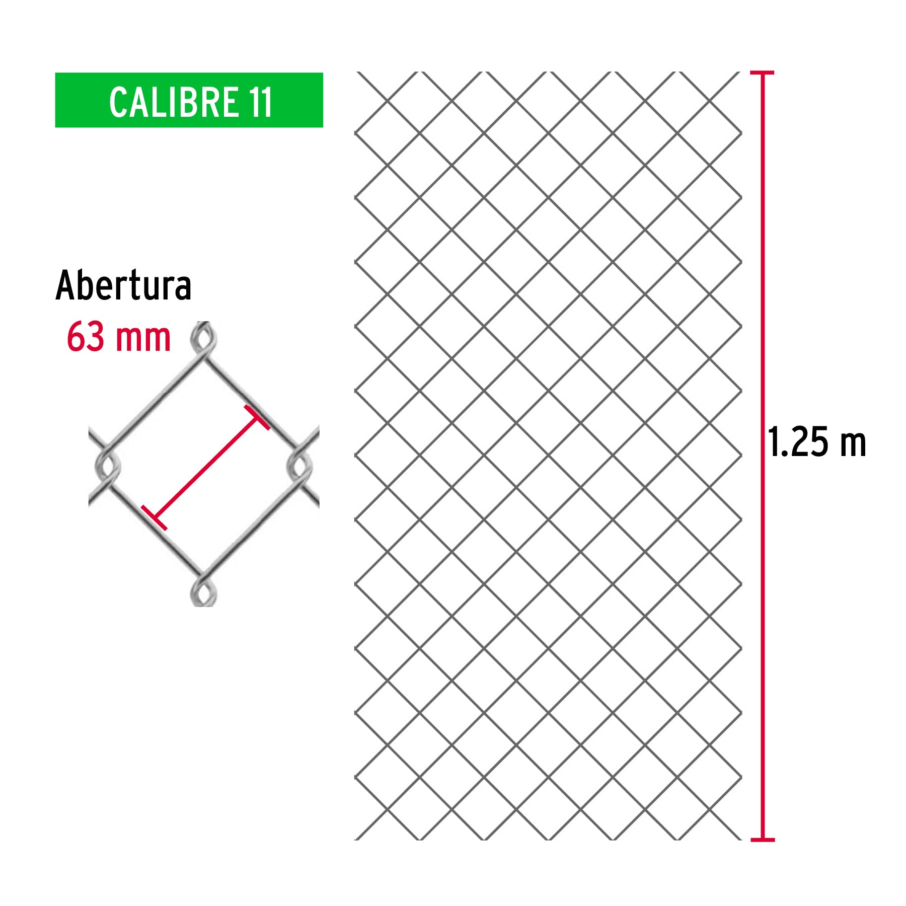 Rollo 20m x 1.25 m malla ciclónica calibre 11 abertura 63 mm MACI-1631 42938 MM0