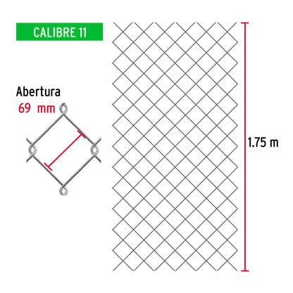 Rollo 20m x 1.75 m malla ciclónica calibre 11 abertura 69 mm MACI-1693 42945 MM0