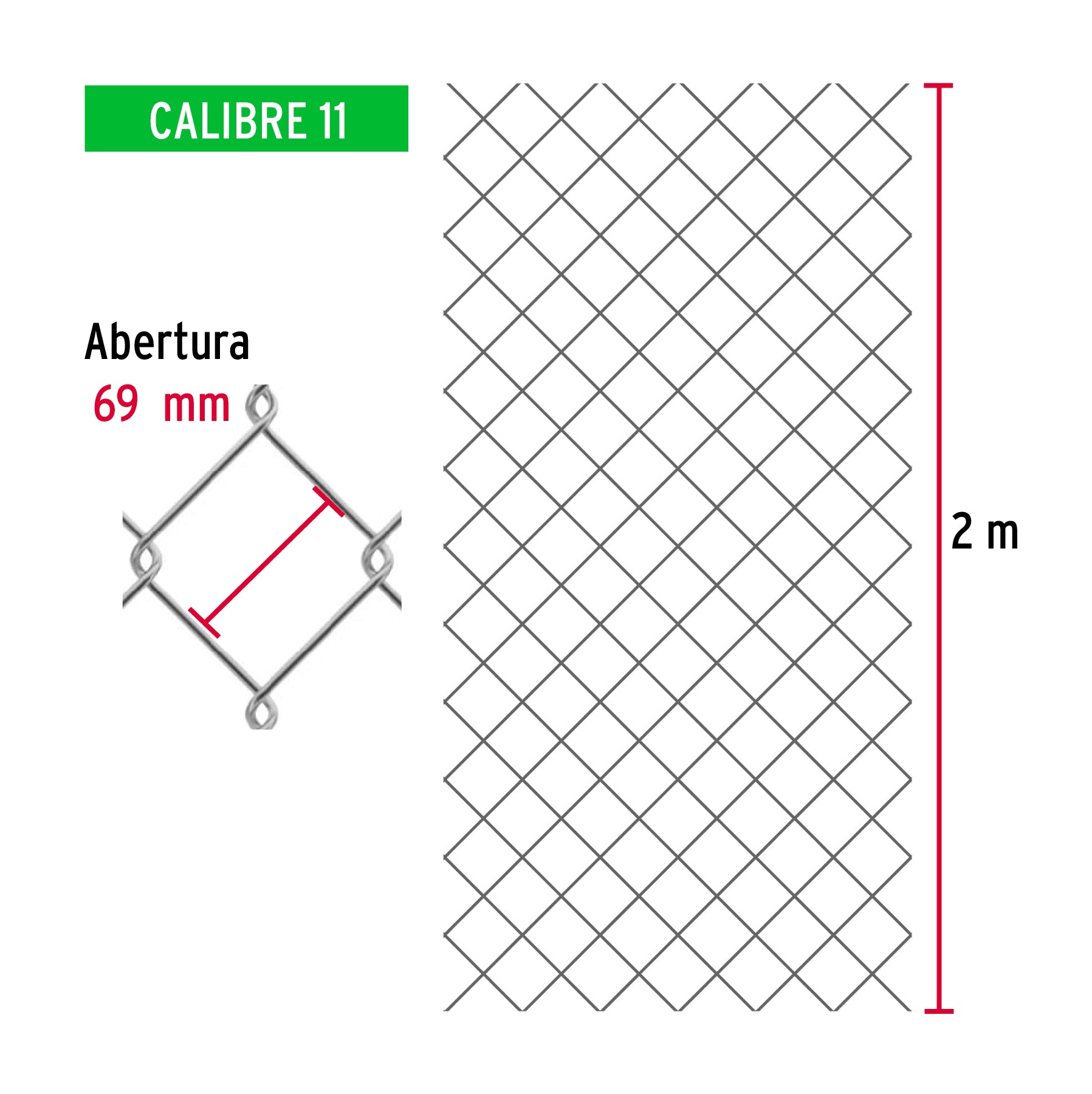 Rollo 20 m x 2 m malla ciclónica calibre 11 abertura 69 mm MACI-1694 42946 MM0