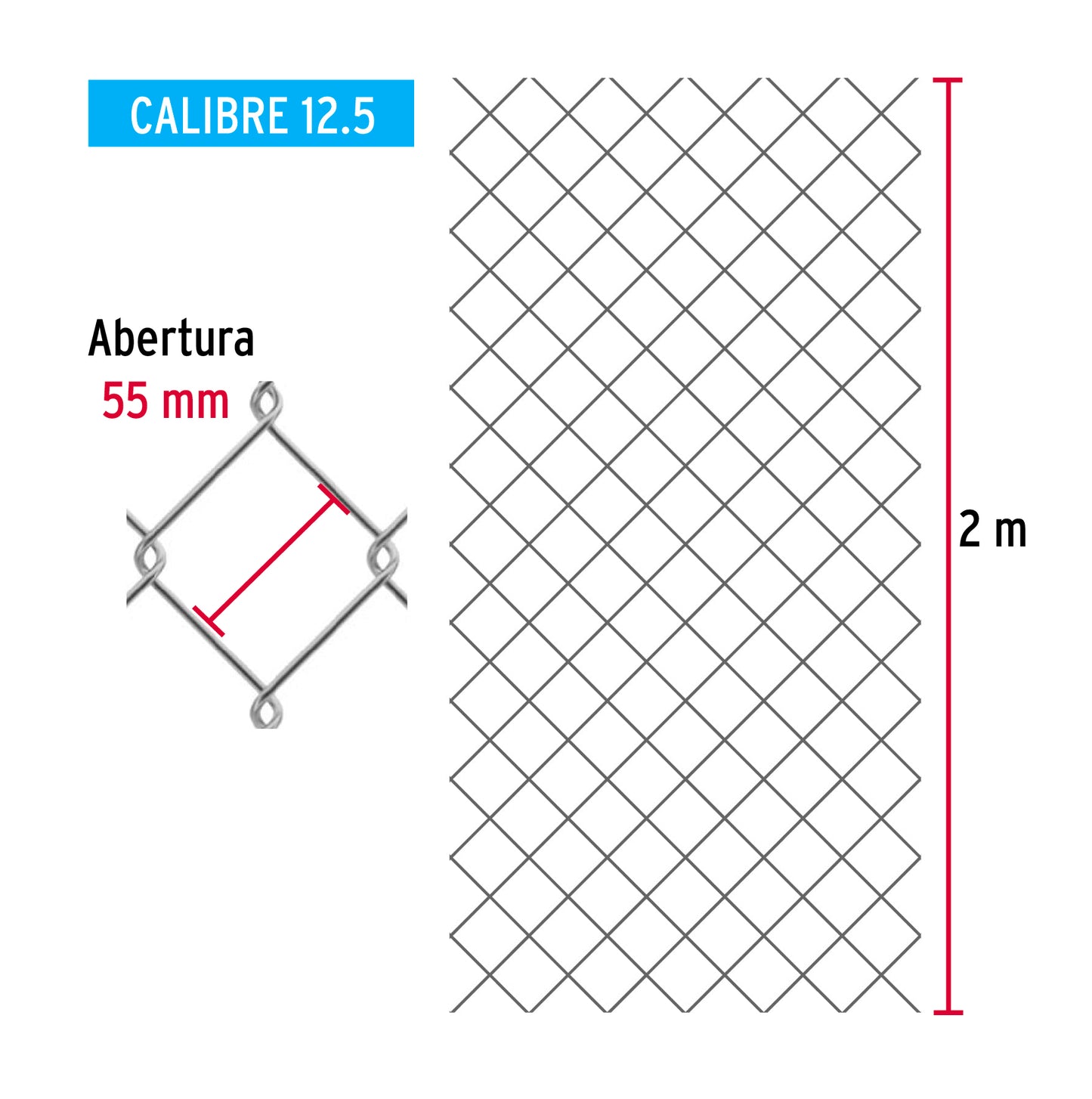 Rollo 20 m x 2 m malla ciclónica calibre 12.5 abertura 55 mm MACI-2554 42951 MM0