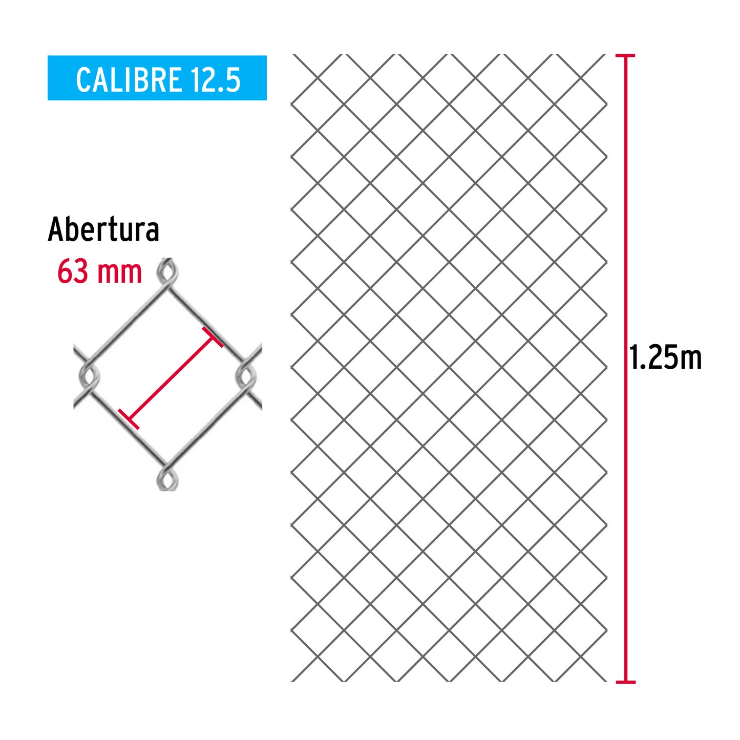 Rollo 20m x 1.25m malla ciclónica calibre 12.5 abertura 63mm MACI-2631 42953 MM0