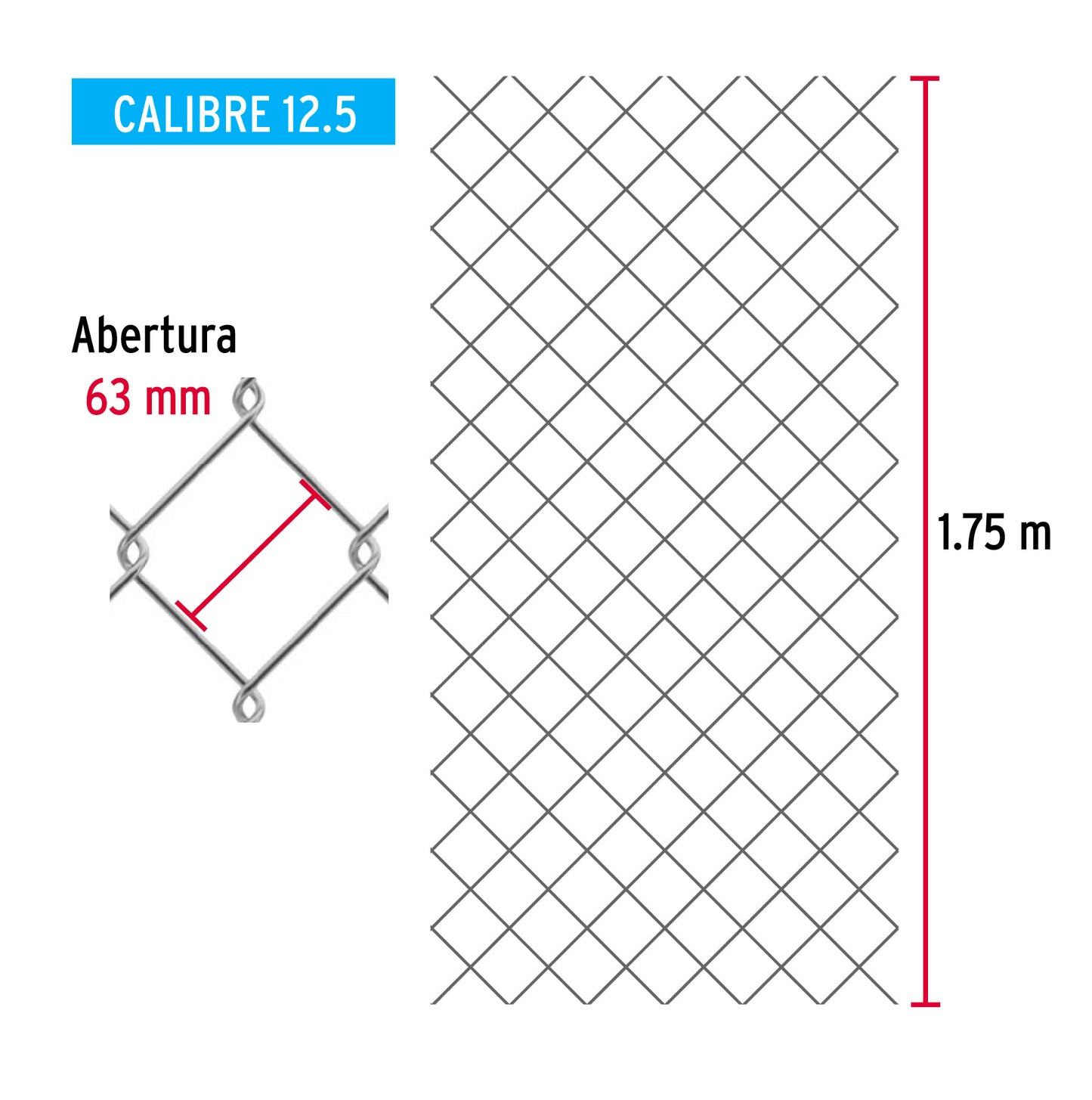 Rollo 20m x 1.75m malla ciclónica calibre 12.5 abertura 63mm MACI-2633 42955 MM0