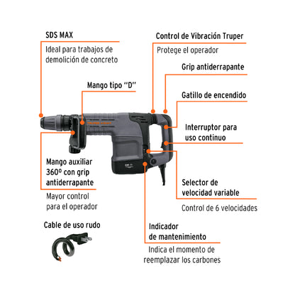 Martillo demoledor SDS Max 10 kg 25 J 1500 W, Truper Expert MADE-10NX 100891 MM0