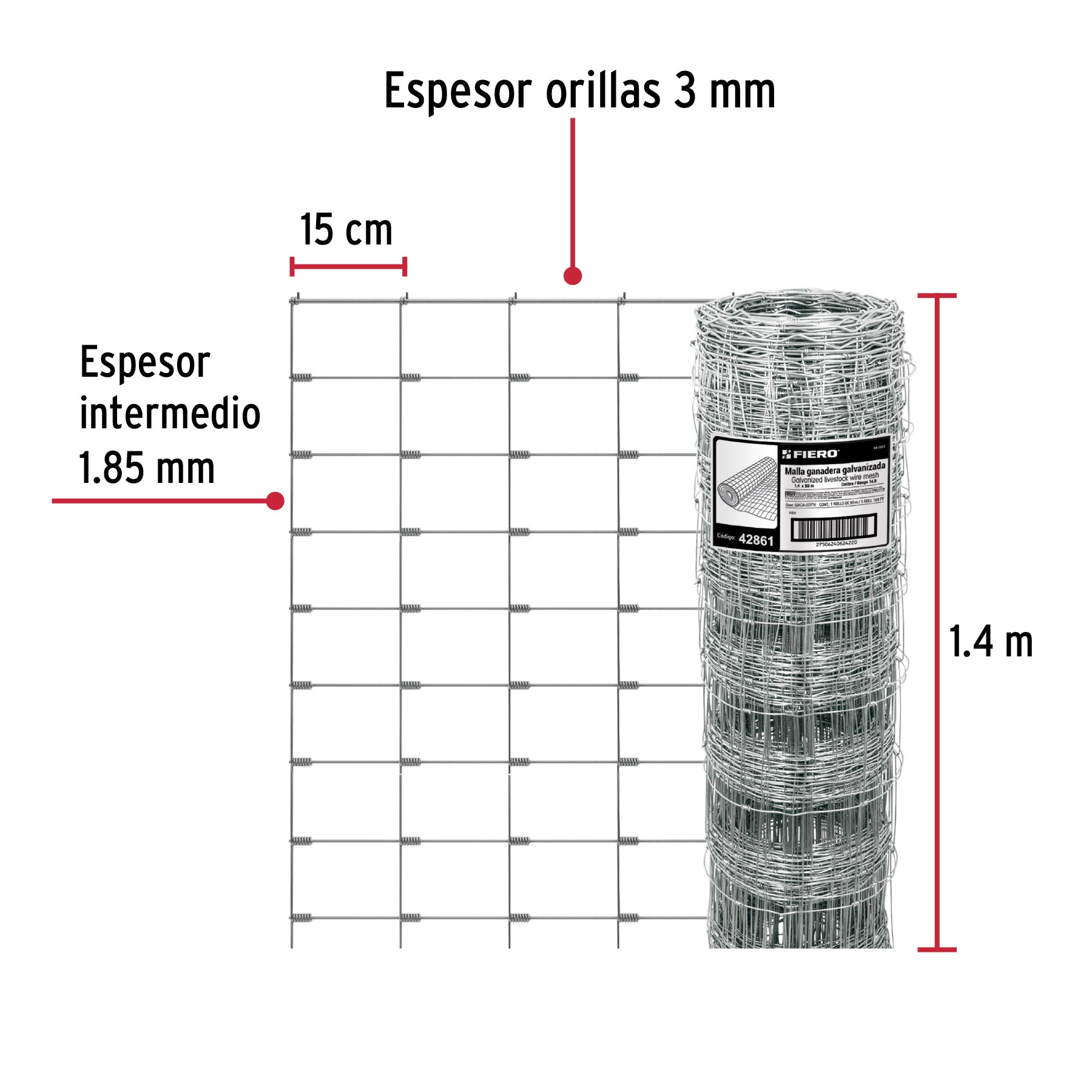 Rollo 50 m x 1.4 m de malla borreguera de acero galvanizado MAGA-50X14 42861 MM0