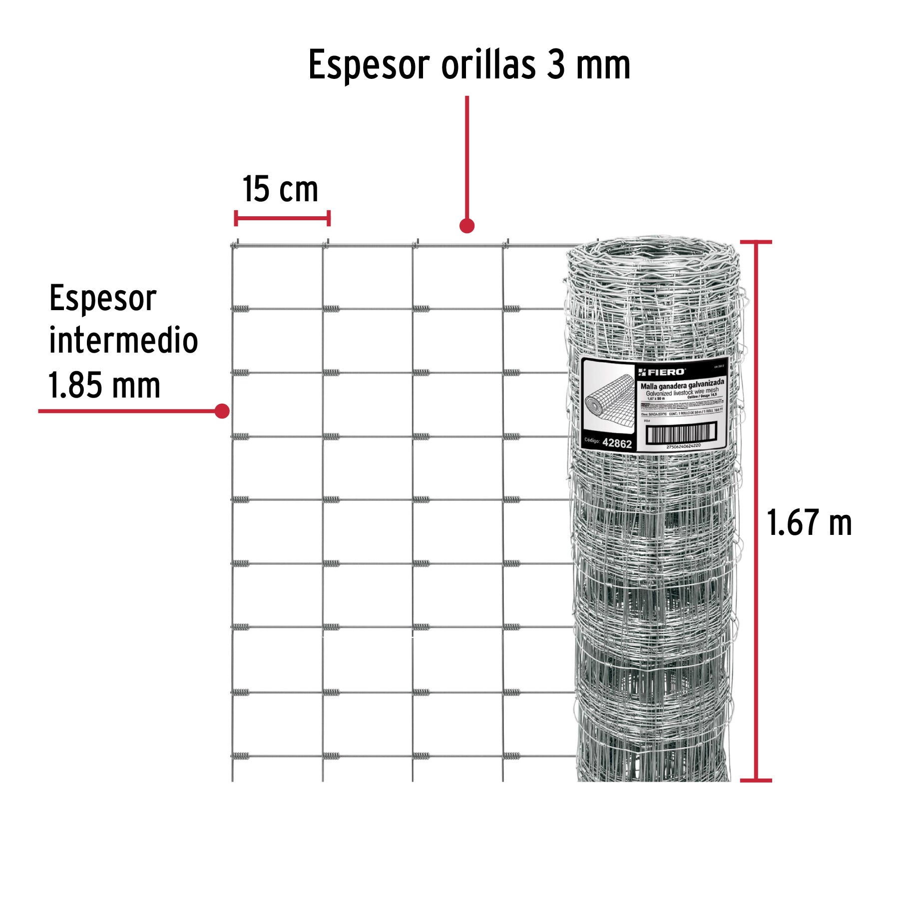 Rollo 50 m x 1.67m de malla borreguera de acero galvanizado MAGA-50X16 42862 MM0