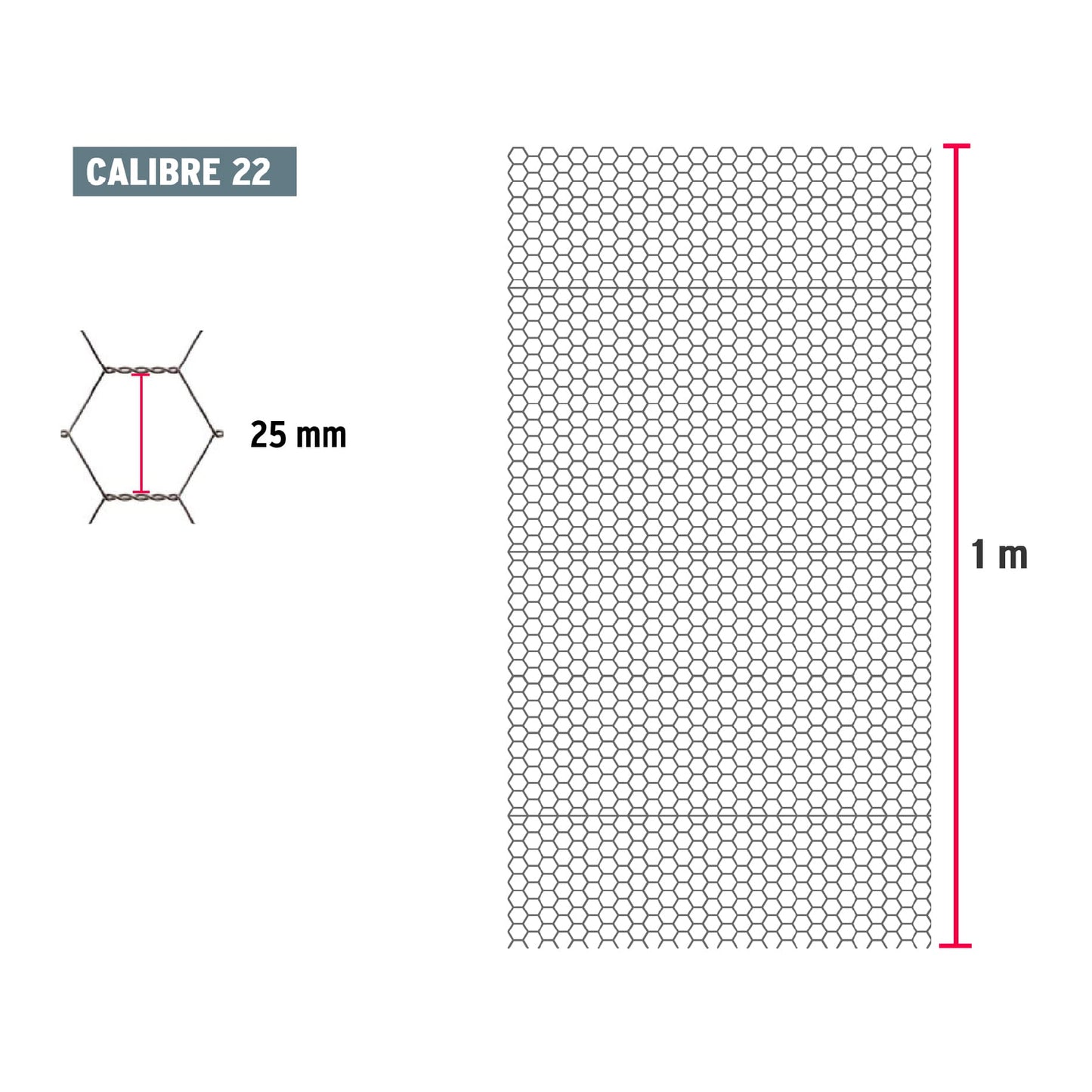 Rollo de malla hexagonal 45m x 1m calibre 22 abertura 25 mm MAHE-2510 44656 MM0