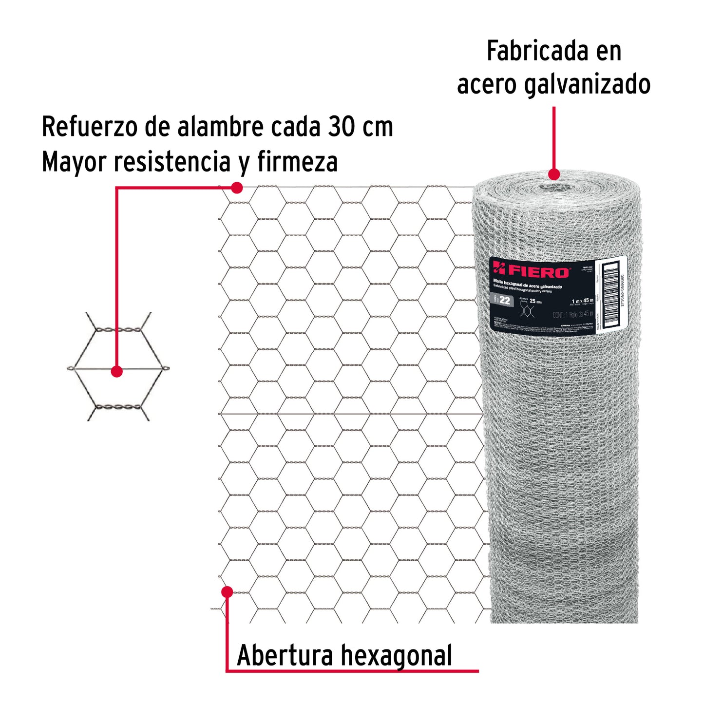 Rollo de malla hexagonal 45m x 1m calibre 22 abertura 25 mm MAHE-2510 44656 MM0