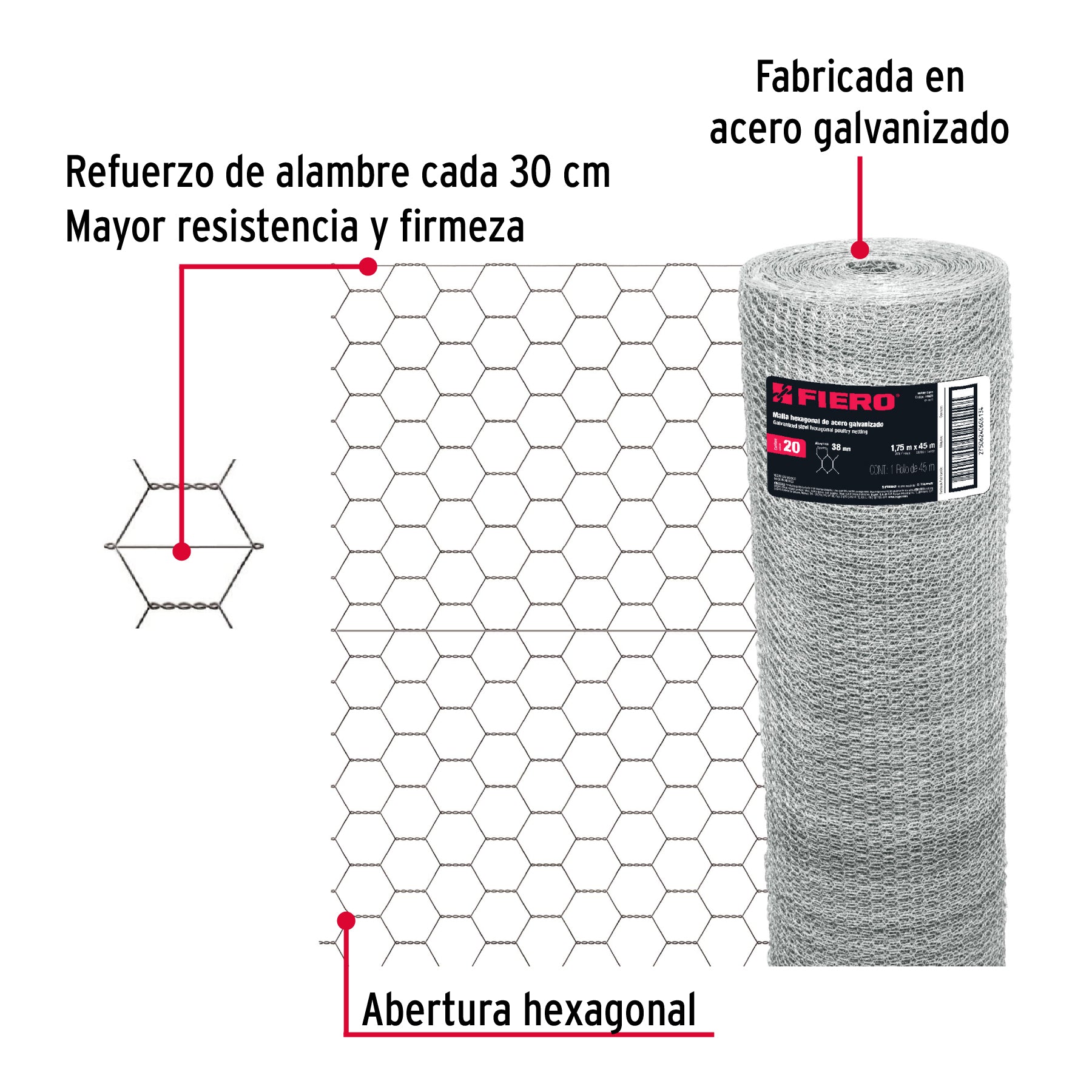 Rollo de malla hexagonal 45mx1.75 m calibre 20 abertura 38mm MAHE-3817 44661 MM0