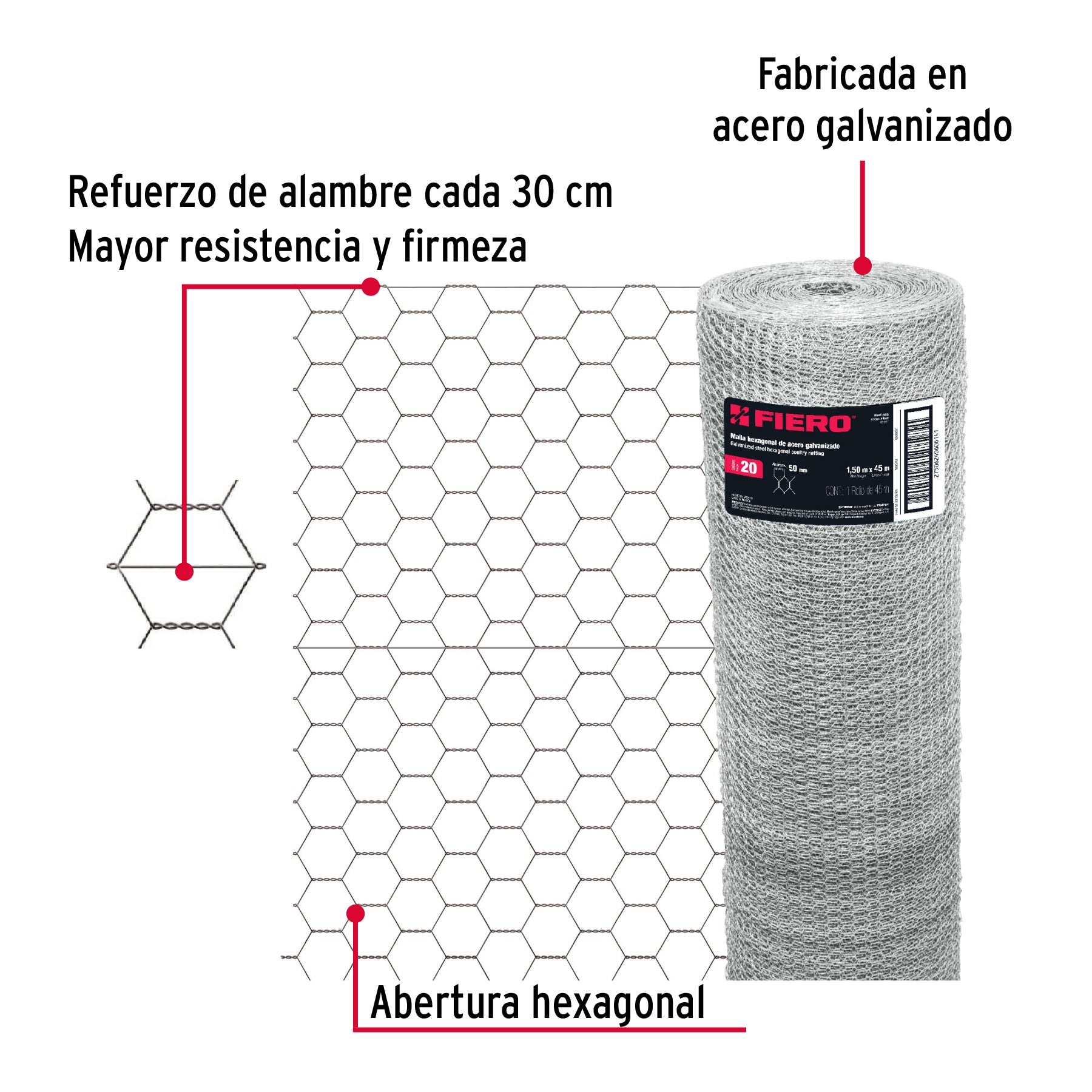 Rollo de malla hexagonal 45mx1.5m calibre 20 abertura 50mm MAHE-5015 44662 MM0