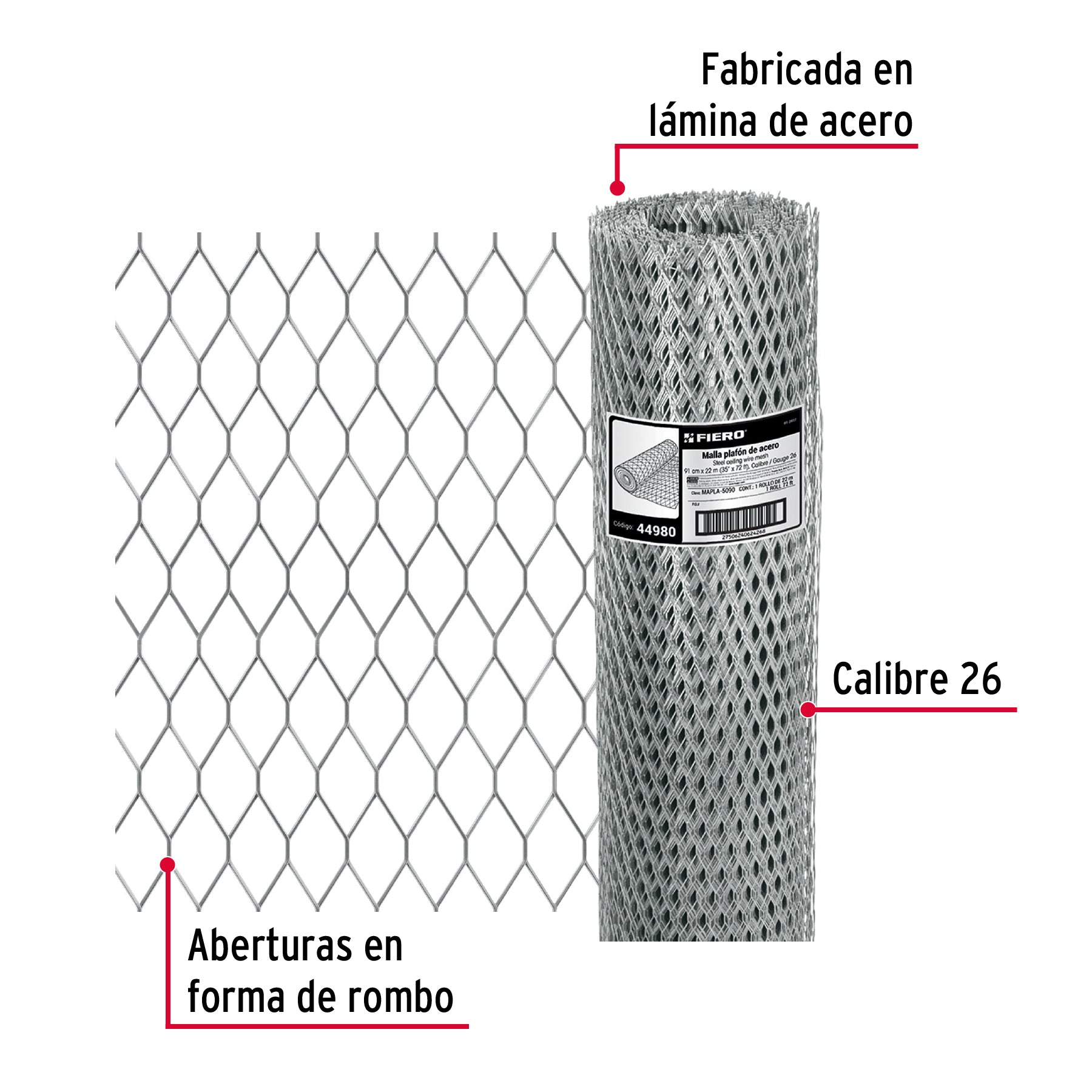 Rollo 22 m x 0.9 m malla plafón calibre 26 abertura 10x25mm MAPLA-5090 44980 MM0